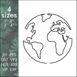 world map embroidery design, travel globe one line, 4 sizes