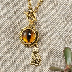 Cat Eye Necklace Evil Eye Toggle Necklace Orange Yellow Golden Cat Charm Pendant Necklace Cat Lover Gift Jewelry 6559