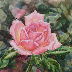 "Pink Rose" Flower Original Wall Art Painting Watercolor Artwork, 17x17cm.