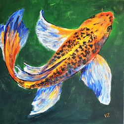 Koi Fish Painting Original Art Golden Fish Wall Art Koi Artwork Original Acrylic Painting Canvas Art 16" by 16"