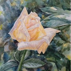 "Yellow Rose" Flower Original Wall Art Painting Watercolor Artwork, 17x17cm.