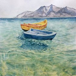 "Boats" watercolor painting original wall art landscape seascape picture sea water wave artwork, 15x15cm.