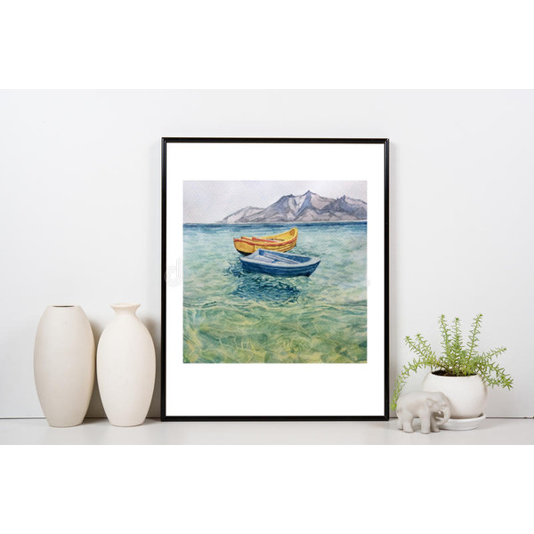 "Boats" watercolor painting original wall art landscape seascape picture sea water wave artwork