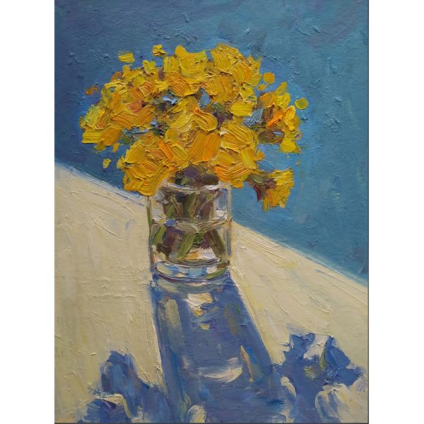 "First flowers" Oil Painting Original Art Still life Yellow Flowers Small Picture