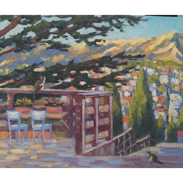 "Morning in Yalta"  Oil Painting Landscape Small Picture with cats