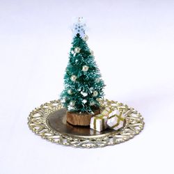 Miniature Christmas tree with presents on the tray. Dollhouse table top x-mas decoration diorama room box festive access