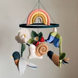 Woodland baby crib mobile - Rainbow, Robin and Finch, sweet strawberries and flowers
