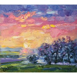 landscape original painting trees sky sunset artwork impressionism art plein air wall art