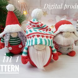 Christmas crochet gnome pattern PDF set - 3 gnomes, winter holiday gnome, Christmas Amigurumi toy pattern