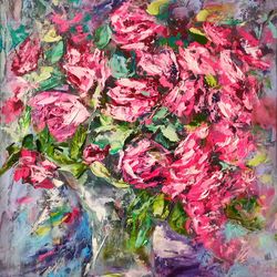 Roses Pink Red Flowers Impasto Glass vase Oil Painting Original Artist Svinar Oksana