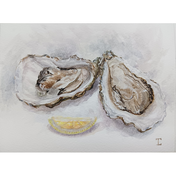 "Oysters with lemon" watercolor painting stilllife clam shell seafood painting original wall art