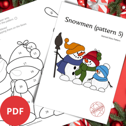 Stained Glass Christmas Pattern PDF - 3 Cute Snowmen Wearing Pompom Hats and Scarves, Digital Download, Christmas Gift