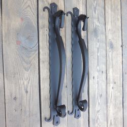 Set of 2 hand forged door pulls 16", Horse's head, Blacksmith made, Wrought iron, Steel gate & Shed handles