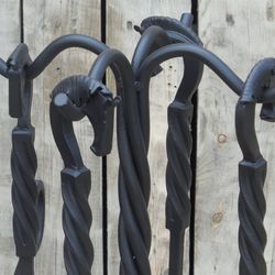 Wrought iron fireplace tools set, 5 Pieces (Poker, Shovel, Tongs, Broom, Stand) Hand forged, Blacksmith made