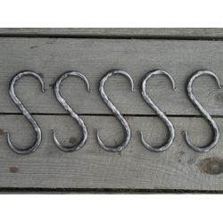 Set of 5 hand forged S hooks 4", Blacksmith made, Wrought iron, Pot rack, Utensil hook, Kitchen hardware, Hammered hooks