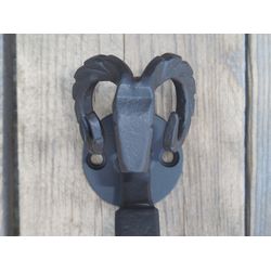 Set of 2 hand forged door pulls, Ram's head, Blacksmith made, Wrought iron, Steel gate & Shed handles