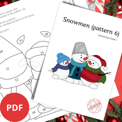 Stained Glass Christmas Pattern PDF - 3 hugging snowmen with a bucket and a Santa hat on their heads, Digital Download