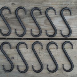 Set of 10 hand forged S hooks 4", Blacksmith made, Wrought iron, Pot rack, Utensil hook, Kitchen hardware, Hammered hook