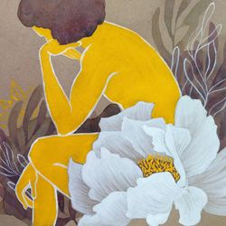 Naked man painting Yellow nude male figure floral artwork white peony flower