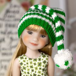 Green striped hat with pompom for Ruby Red Fashion Friends doll for Christmas or Saint Patrick's day, doll elf costume