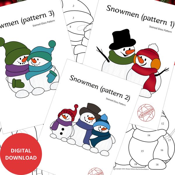 3-Christmas-stained-glass-patterns-of-groups-of-funny-snowmen