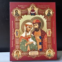 St Peter and Fevronia with scenes of his life | Gold Embossing | Inspirational Icon Decor | Size:  6,5" x 5"x 0,8"