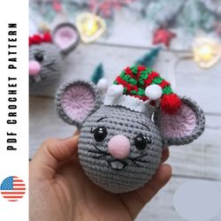 Crochet Mouse ball pattern, amigurumi Christmas ornament, mouse Christmas tree decor, PDF pattern by CrochetToysForKids