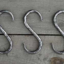 Set of 3 hand forged S hooks 4", Blacksmith made, Wrought iron, Pot rack, Utensil hook, Kitchen hardware, Hammered hooks