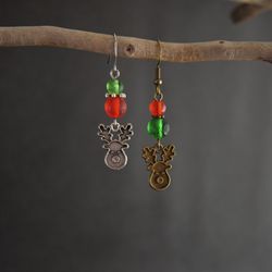 Christmas Earring, Santa's deer silver bronze earrings, Red green jewelry, Christmas gift