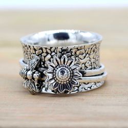 Bee Sunflower 925 Silver Spinner Ring, Handmade Women Bee Ring