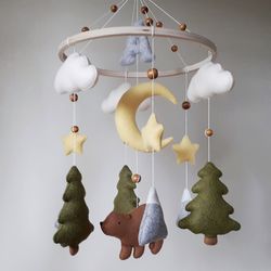 Woodland mobile nursery decor, bear baby mobile, forest crib mobile, expecting mom gift, personalized newborn gift