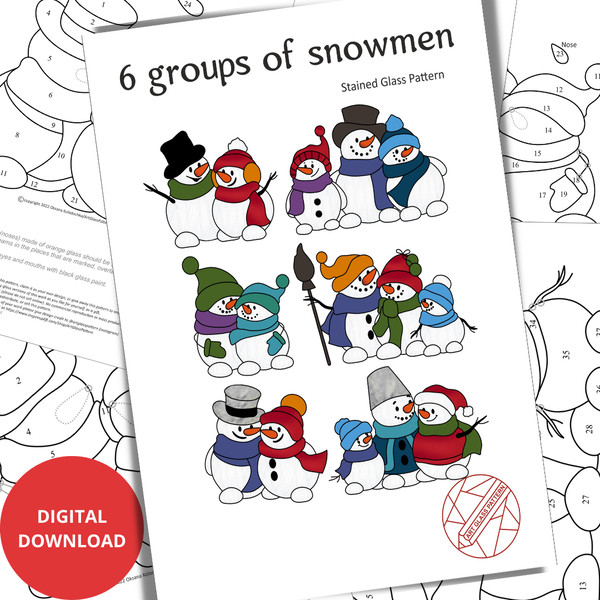 Stained-glass-patterns-of-6-groups-of-hugging-snowmen-wearing-colored-hats-and-scarves