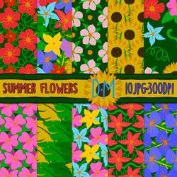 summer flowers digital paper set, 10 seamless patterns for scrapbooking and crafting
