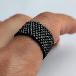 PDF tutorial beaded peyote ring | Jewelry DIY | Weave beaded pattern | Beaded black wide ring