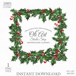 Merry Christmas Wreath Clip Art. Winter Leaves. Digital Clipart, Hand Drawn Graphics, Digital Download. OliArtStudioShop