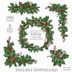 Merry Christmas Wreath Clip Art. Winter Leaves. Digital Clipart, Hand Drawn Graphics, Digital Download. OliArtStudioShop