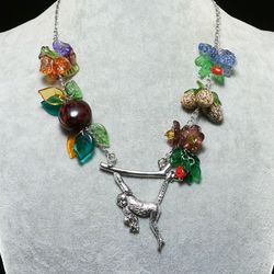 Monkey Necklace Tropical Jungle Silver Ape Primate Orangutan on Branch Pendant Multi Color Charm Necklace Jewelry 8036