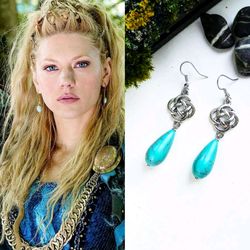 Viking jewelry. Turquoise drop earrings with a metal Viking ornament as a gift for true Viking women
