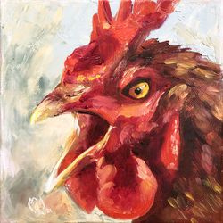 Rooster painting Original canvas art Chicken painting Original artwork Miniature painting Rooster artwork