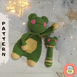 Set of 2 Crochet Patterns: Frog Baby Lovey and Rattle, Crochet Animal Lovey for Babies Amigurumi Pattern PDF