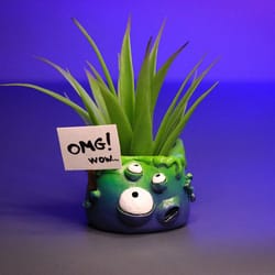 cute little monster with flower and eyes green-blue pot omg