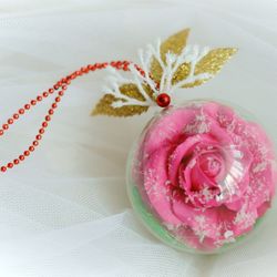 Christmas tree ornament ball with handmade Rose flower. Christmas tree decor. Christmas decoration for gift