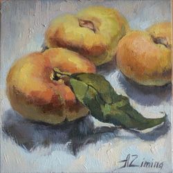 Fruit oil painting Peaches, small oil painting still life, original oil painting for kitchen, mini painting