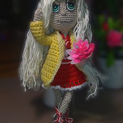 crochet doll with blonde hair handmade doll with clothes.interior dolls. miniature doll