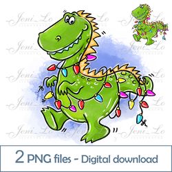 Christmas Dinosaur 2 PNG files Merry Christmas clipart Dino Sublimation Rex design Christmas lights Digital Download