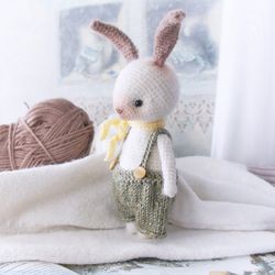 White Bunny Doll with clothes, Rabbit plush animal, Crochet Rabbit Toy, Woodland Nursery Decor, Collectible Stuffed Toy