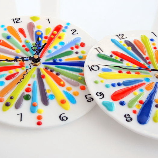 Large rainbow wall fused glass clock for kids - Funny clock for the childrens room