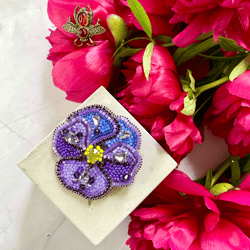 Violet Beaded Brooch, Handmade Embroidered Accessory, Pin Purple Viola, Flower Brooch, Floral Jewelry, Handmade Brooch