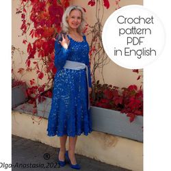Lace blue crochet wedding dress pattern , Crochet dress pattern, crochet motif pattern , crochet leaf pattern .