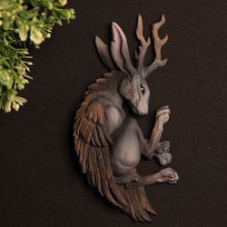 magnet wolpertinger forest rabbit with wings and horns gray hare